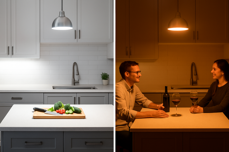 A kitchen island shown in two states: brightly lit for chopping vegetables, and then a softly dimmed, warm glow for two people enjoying a glass of wine.