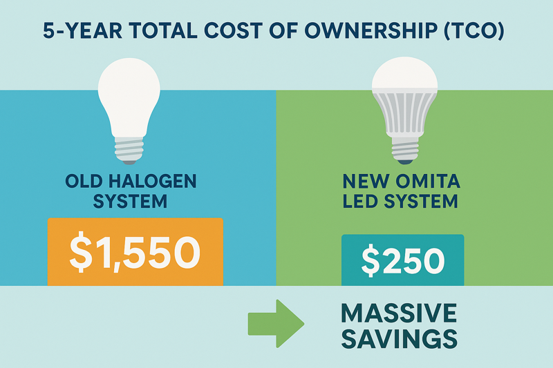 Return on Investment with LED Lighting A clear infographic comparing the 5-year total cost of ownership (TCO) of an old halogen system vs. a new Omita LED system, showing massive savings on the LED side.