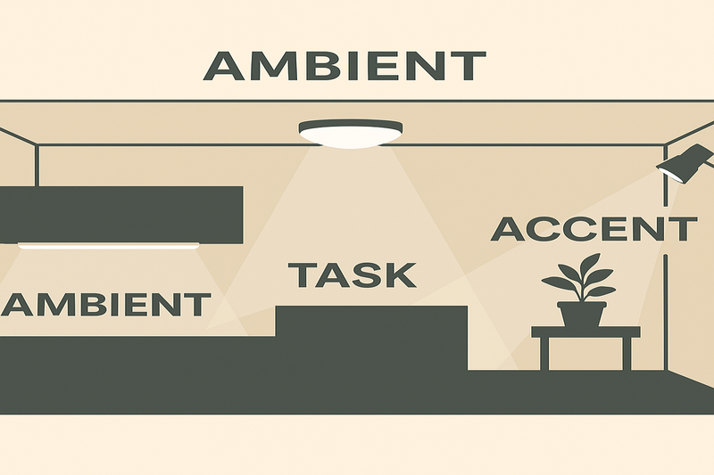 A graphic illustrating the three layers of light in a room: Ambient from a ceiling fixture, Task from an under-cabinet light, and Accent from a spotlight on a plant.
