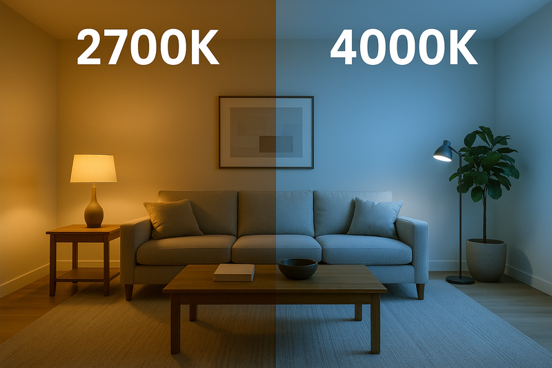A split-image showing the same modern living room lit in two ways: on the left, with warm, cozy 2700K light, and on the right, with cool, energizing 4000K light.