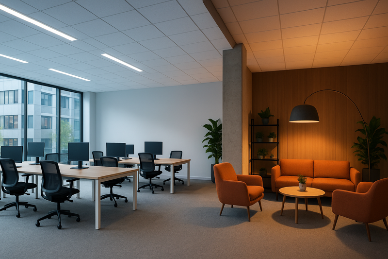 A dynamic photo of a modern office space where different zones are lit for different purposes: bright, cool light over desks, and warmer, softer light in a collaborative lounge area