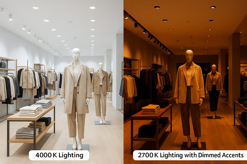 Adapting a Space with Tunable White Light A retail store interior shown in two lights: one with bright, neutral 4000K lighting for daytime shopping, and the other with warm, dramatic 2700K lighting with dimmed accents for an evening sales event.