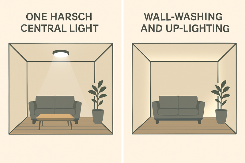 A side-by-side comparison. Left: a small room with one harsh central light feels cramped. Right: the same room with wall-washing and uplighting feels open and larger.