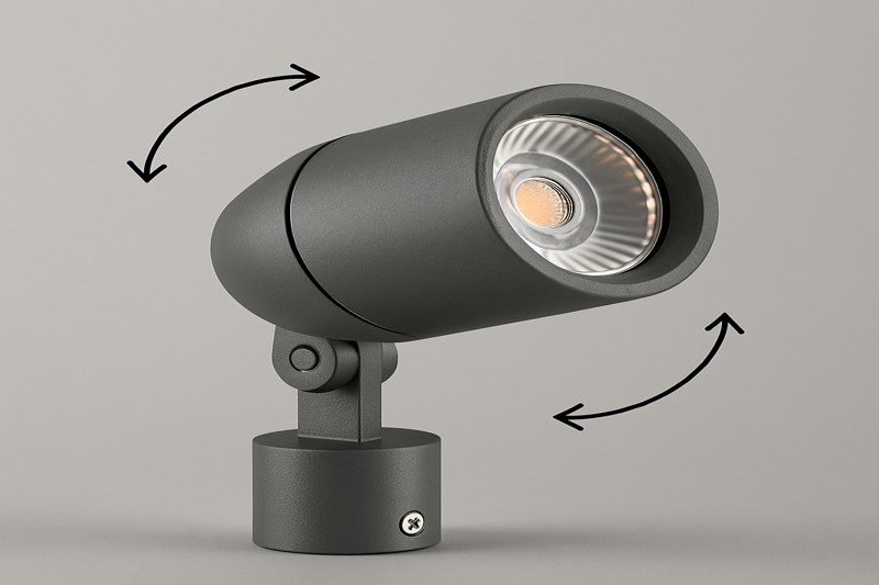 A close-up of an adjustable exterior spotlight, showing how its head can be tilted and rotated.