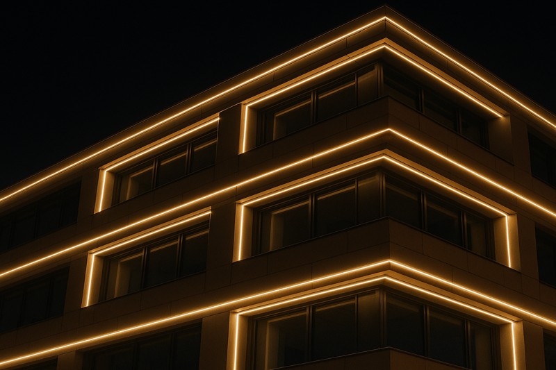 A modern office building with its architectural lines highlighted by warm white LED strip lights
