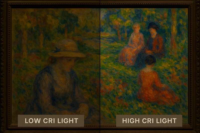A side-by-side comparison of a colorful painting under low CRI light (left) and high CRI light (right).