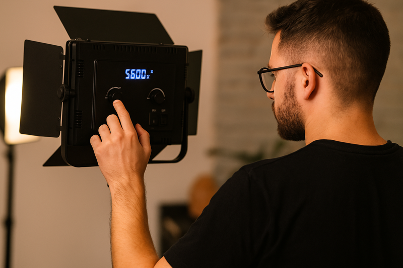 A videographer adjusting the settings on the back of a bi-color LED panel during a shoot.