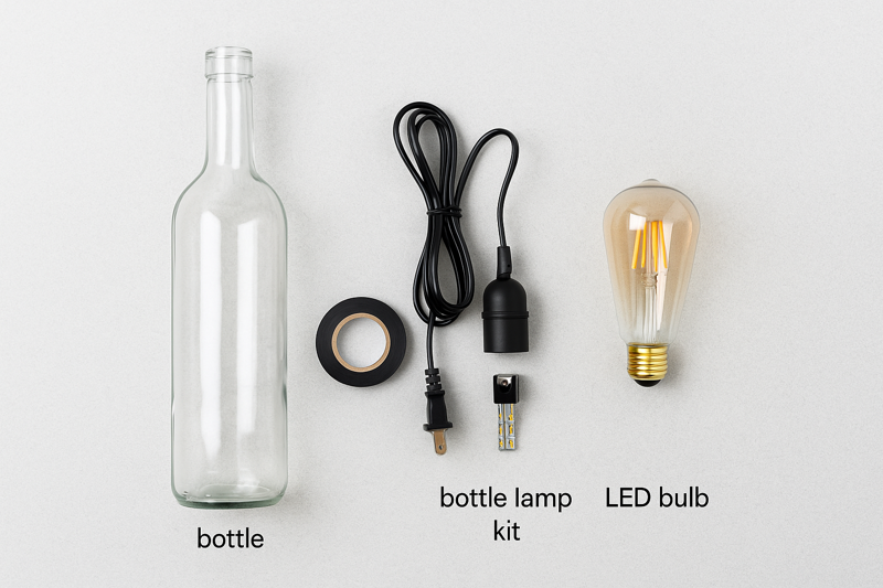 A step-by-step image showing the components: an empty bottle, a bottle lamp kit, and an Omita ST64 Edison-style LED filament bulb, ready for assembly.