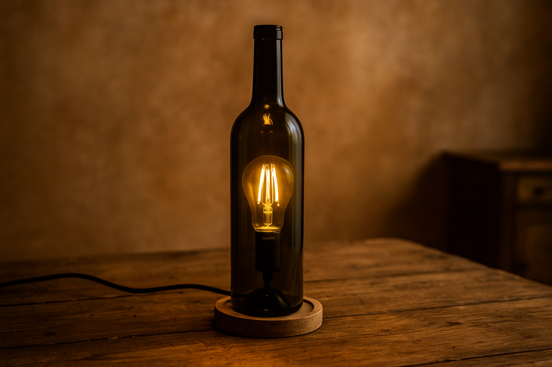 A beautifully crafted DIY wine bottle lamp with a glowing Omita LED filament bulb, sitting on a rustic wooden table, casting a warm, inviting light