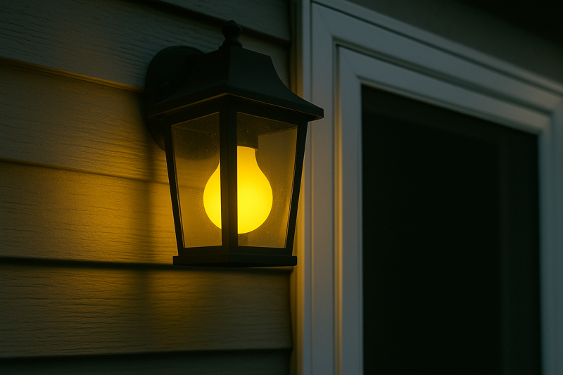 An outdoor porch light with a yellow bug-repellent bulb, with no insects swarming it.