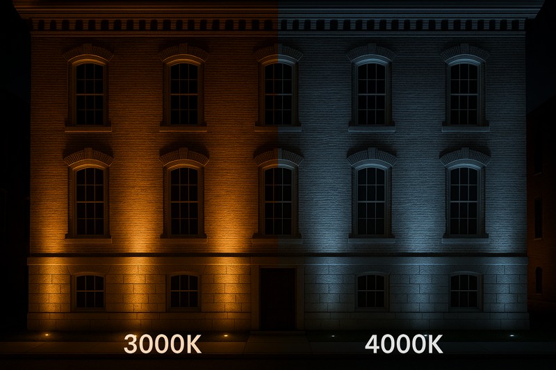 A side-by-side comparison of a historic brick building lit with warm 3000K light versus cool 4000K light.