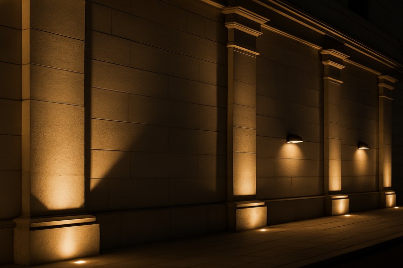 A building facade with uplights creating dramatic shadows on columns, while soft wall lights illuminate walkways.