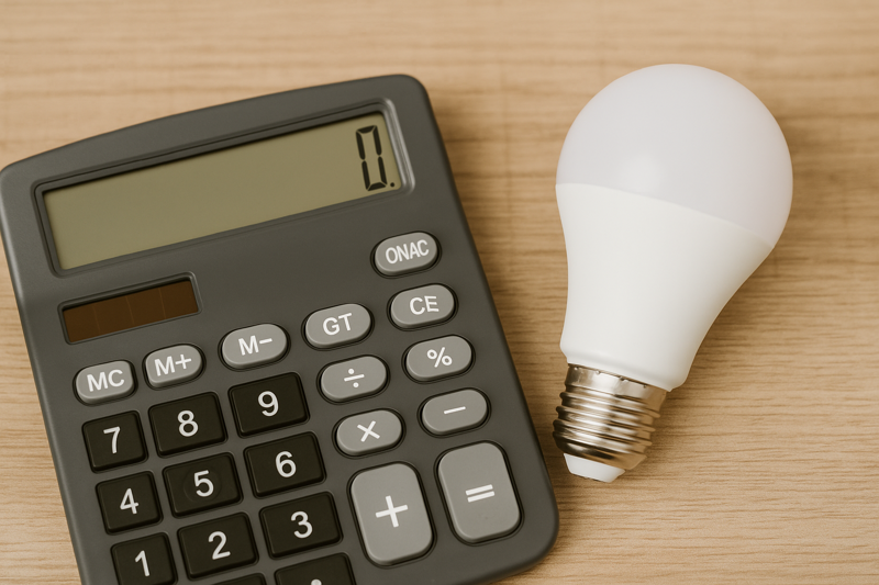 A calculator and an LED bulb on a desk, symbolizing cost savings