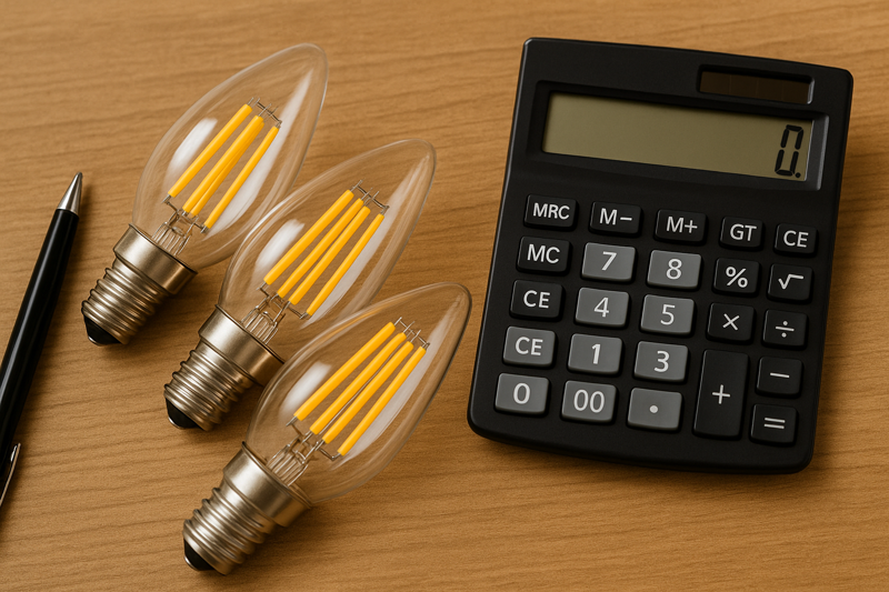 A calculator and a pen next to a pile of LED bulbs