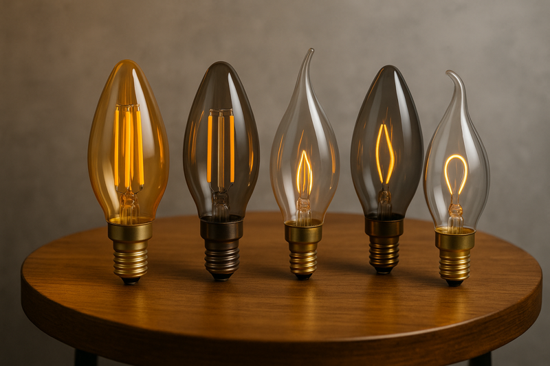 A stylish display featuring an assortment of LED candelabra bulbs in amber, smoke, and clear glass with different filament designs.