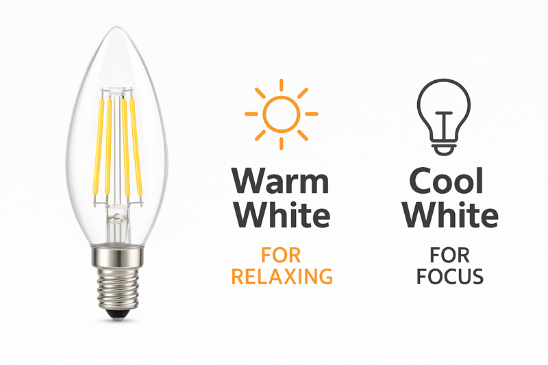 A product listing page showing a candelabra bulb with clear icons and text describing its application: a "sun" icon for Warm White labeled "For Relaxing" and a "lightbulb" icon for Cool White labeled "For Focus"
