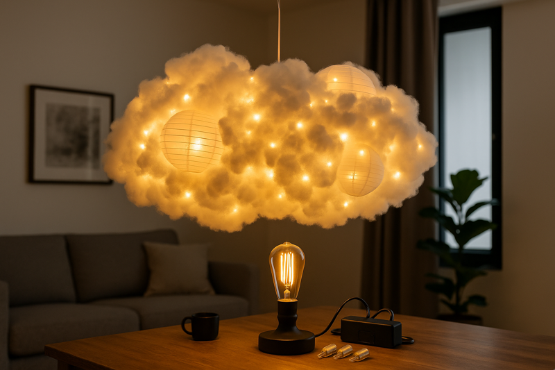 A stunning DIY "cloud lantern" made from cotton batting and paper lanterns, glowing from within with dozens of tiny, warm LED G4 bulbs, hanging in a stylish room.
