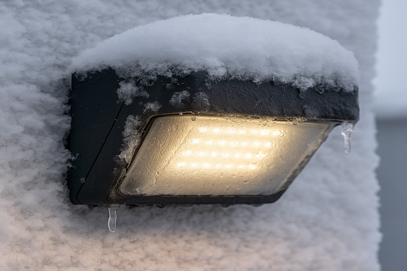 An outdoor LED fixture covered in snow and ice, but still operating perfectly in the cold.