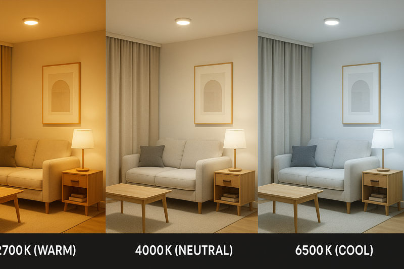 An image showcasing three identical rooms lit with bulbs of different color temperatures: 2700K (warm), 4000K (neutral), and 6500K (cool)