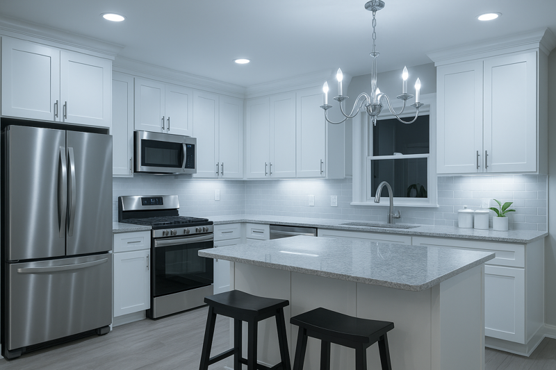 A sleek, modern kitchen with white cabinets and stainless steel appliances, brilliantly lit with 4000K cool white recessed and candelabra lights