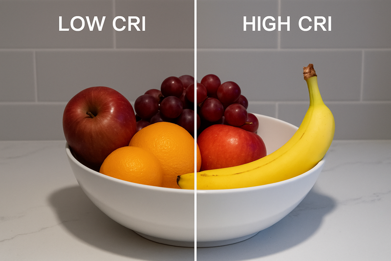 A side-by-side comparison showing a bowl of fruit under a low-CRI light (dull colors) and a high-CRI light (vibrant, true colors).