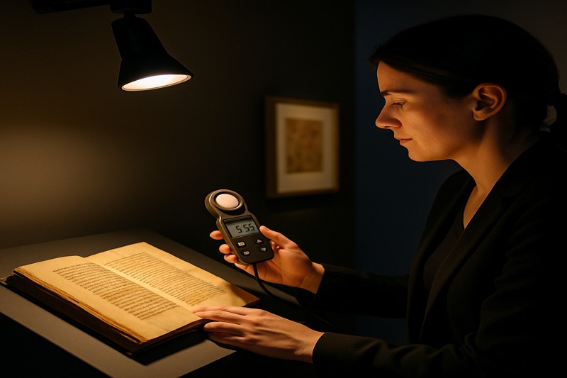 A curator using a light meter to measure the illuminance on a delicate ancient manuscript under a dimmable LED spotlight.