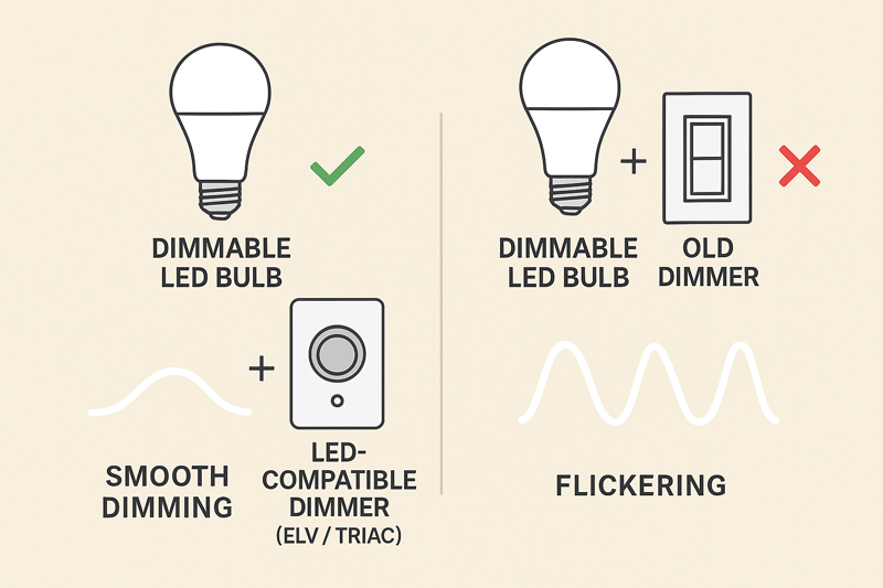 A simple diagram showing an Omita dimmable LED bulb correctly paired with a modern LED-compatible (ELV or TRAIC) dimmer switch, resulting in a smooth dimming curve, contrasted with an old dimmer causing flickering.