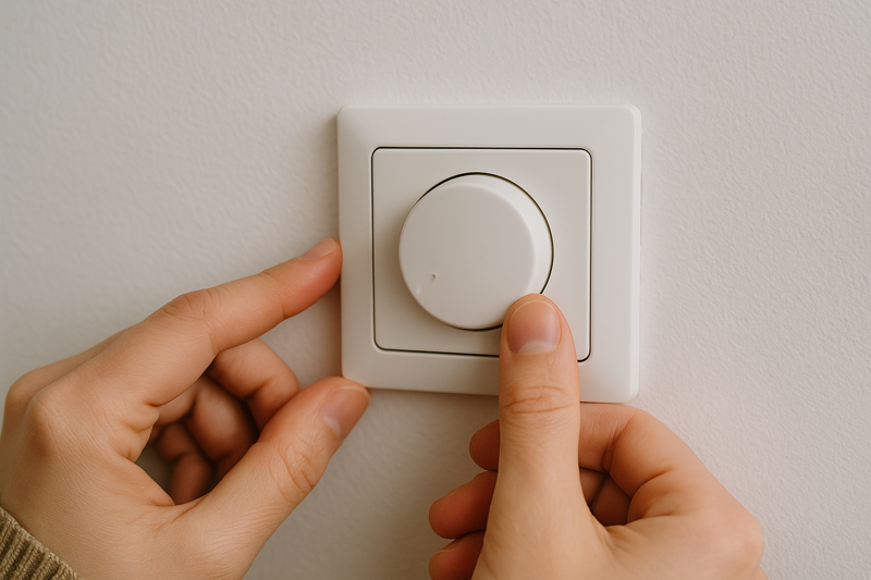 A close-up of a person adjusting a wall-mounted dimmer switch.