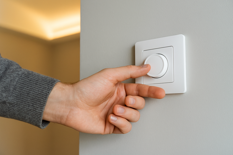 A person adjusting a modern dimmer switch controlling LED lights