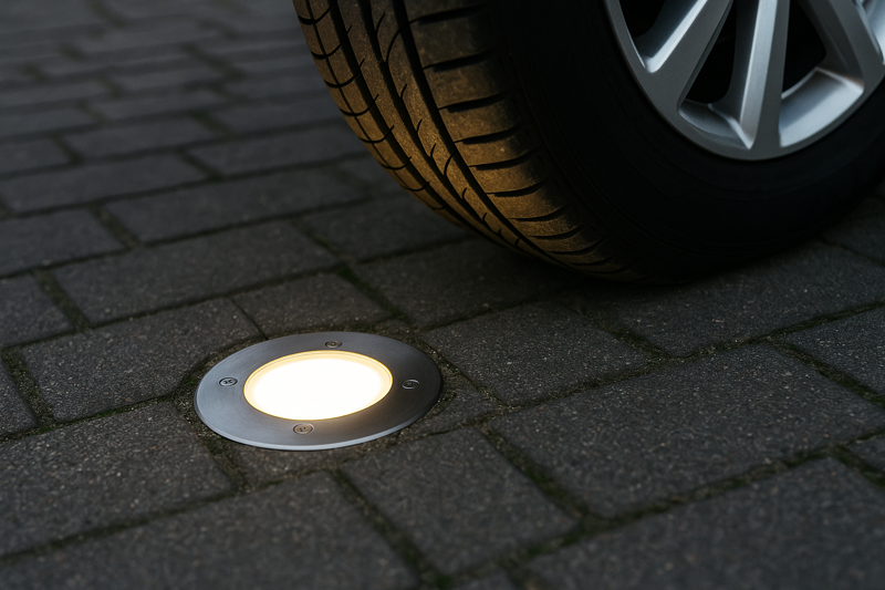 A drive-over in-ground LED light installed in a cobblestone driveway, with a car tire rolling over it.