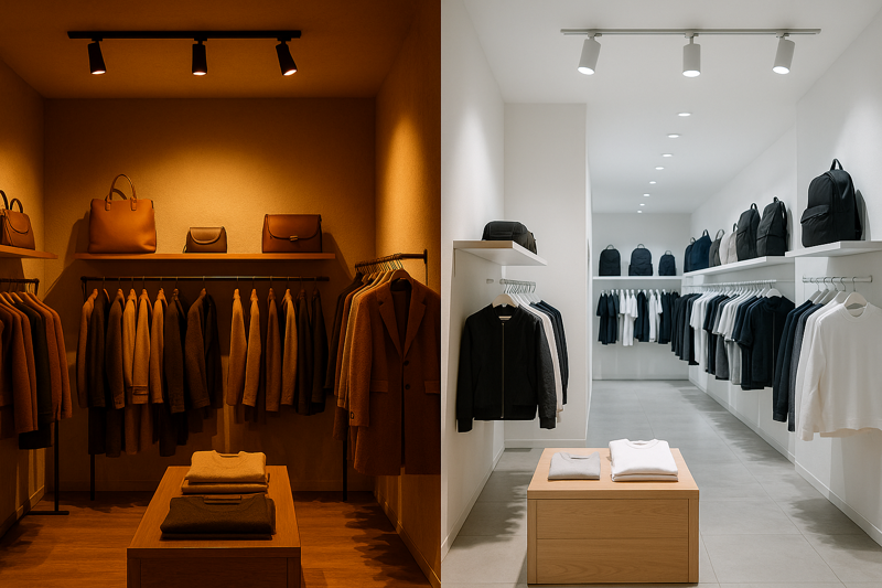 Two adjacent store interiors: one with warm, amber lighting for a luxury feel, the other with crisp, white light for a modern tech vibe.