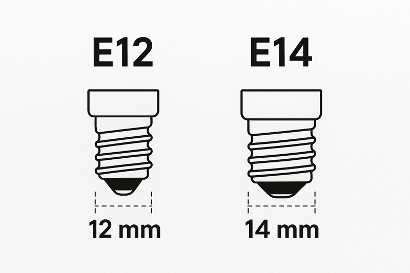A detailed diagram showing the measurements of E12 and E14 screw bases