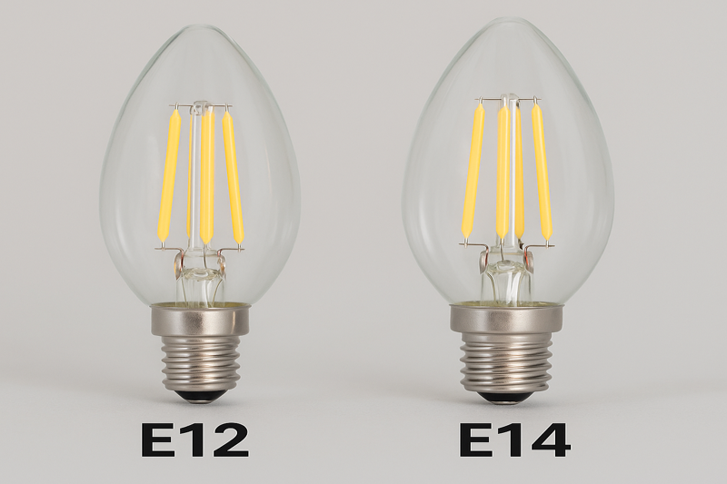 A side-by-side photo of an E12 bulb and an E14 bulb, highlighting the screw base difference
