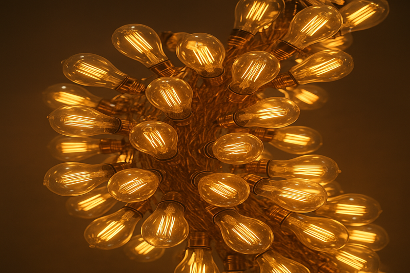 A close-up shot of a magnificent sculpture made from hundreds of bare Omita LED filament bulbs (ST64 "Edison" style), where the delicate, glowing filaments themselves are the central focus of the artwork