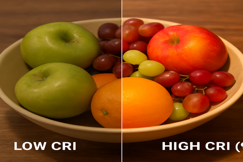 A split image showing a bowl of fruit. Under a low-CRI light, the colors are muted and dull. Under a high-CRI (90+) light from an Omita bulb, the fruit looks fresh, vibrant, and appealing.