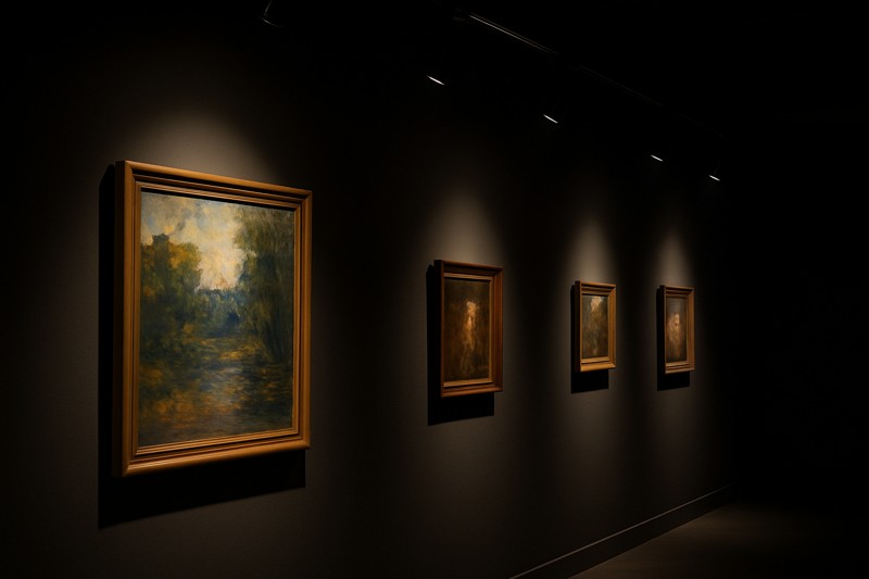 A dark gallery where narrow beams of light from ceiling tracks perfectly frame several paintings on a wall, making them pop.
