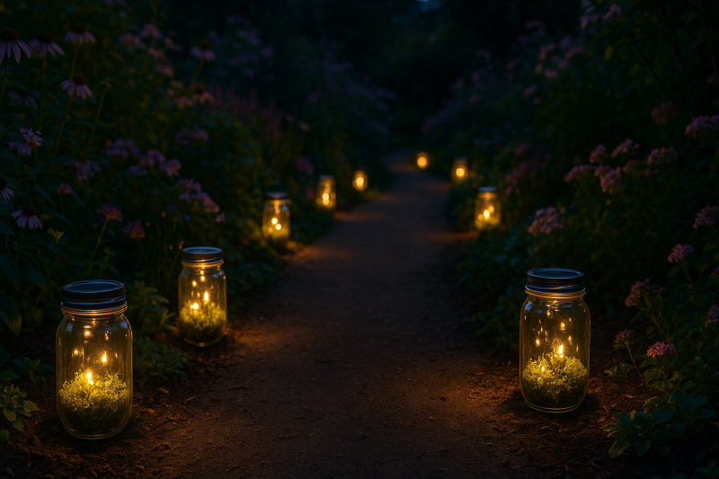 A beautiful garden path at twilight, lined with DIY mason jars. Each jar contains a small G4 LED bulb surrounded by moss, creating the look of captured fireflies.