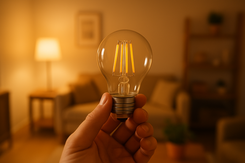 A hand holding an LED bulb up to the light in a home setting, with a warm and inviting room in the background, symbolizing a smart choice