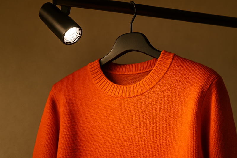 A close-up of a brightly colored sweater under a high-CRI LED spotlight, showing its rich texture and color.