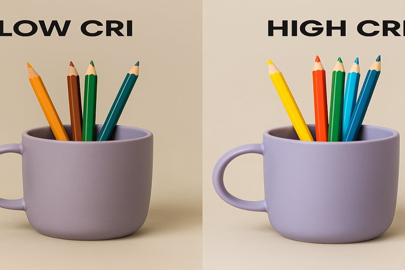 A comparison image showing the same object under low CRI and high CRI light