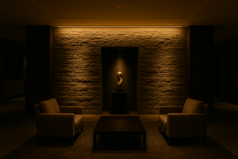 A high-end hotel lobby where a textured stone wall is "grazed" by a hidden linear LED fixture, creating deep, dramatic shadows and highlighting the rich texture of the material. A single piece of sculpture is picked out by a sharp spotlight.