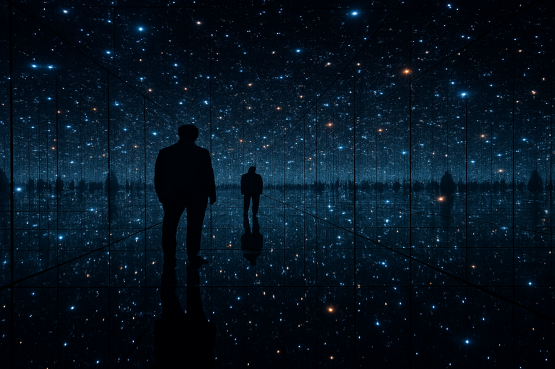 The interior of a Yayoi Kusama "Infinity Mirror Room," where countless points of LED light are reflected endlessly, creating a feeling of being suspended in a vast, star-filled galaxy.