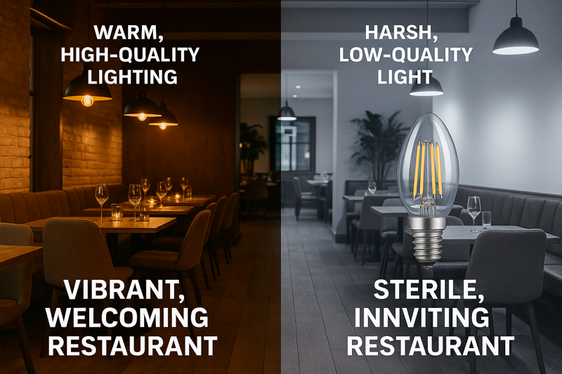 A split image: one side shows a vibrant, welcoming restaurant with warm, high-quality lighting; the other side shows the same restaurant looking sterile and uninviting under harsh, low-quality light.