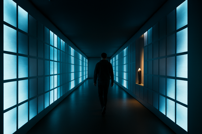 A photo of an interactive light corridor where the LED panels on the walls light up in sequence, following a person as they walk through the space.