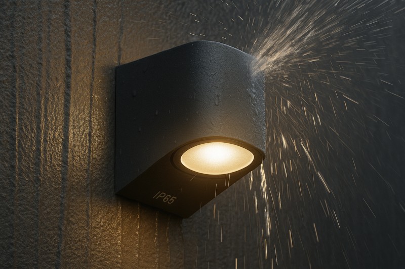 An IP65-rated LED wall light being sprayed with water, demonstrating its weather resistance.