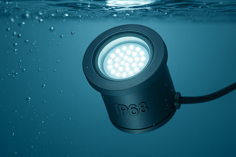 A close-up shot of an IP68-rated LED light submerged in clear water, still shining brightly.
