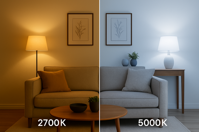 A side-by-side comparison of the same living room. One side is lit with a 2700K bulb, looking warm and inviting. The other is lit with a 5000K bulb, looking cold and stark.