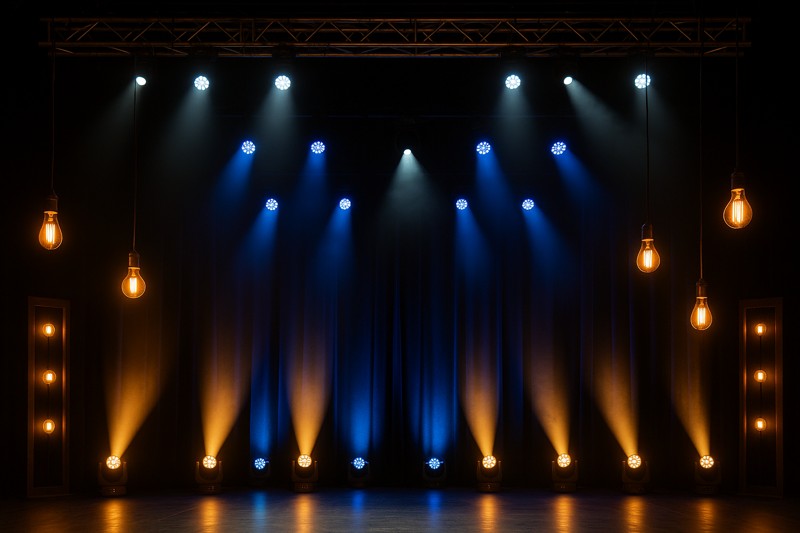 A well-lit stage showing a variety of lighting techniques: uplighting from the floor, spotlights from above, and visible decorative bulbs as part of the set design.