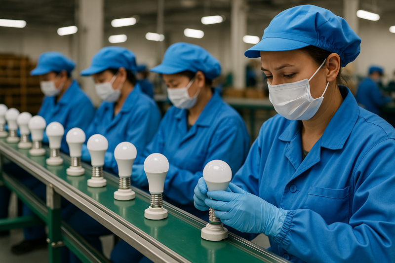 Workers on a production line in an LED bulb factory.