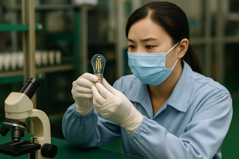 A factory worker in a clean uniform carefully inspecting an LED bulb on a production line